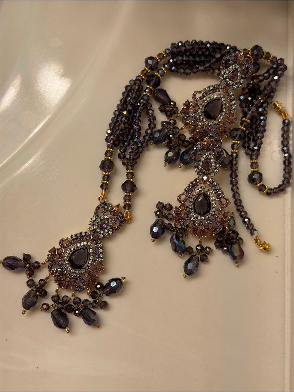 Turkish Statement Purple crystal Beaded Teardrop Necklace with Gold Accents